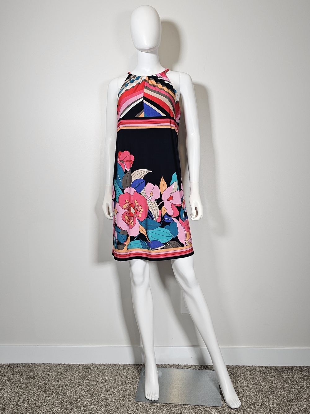 Trina Turk Groovy Black Mini Dress with Pink and Teal Floral Print Sz M
